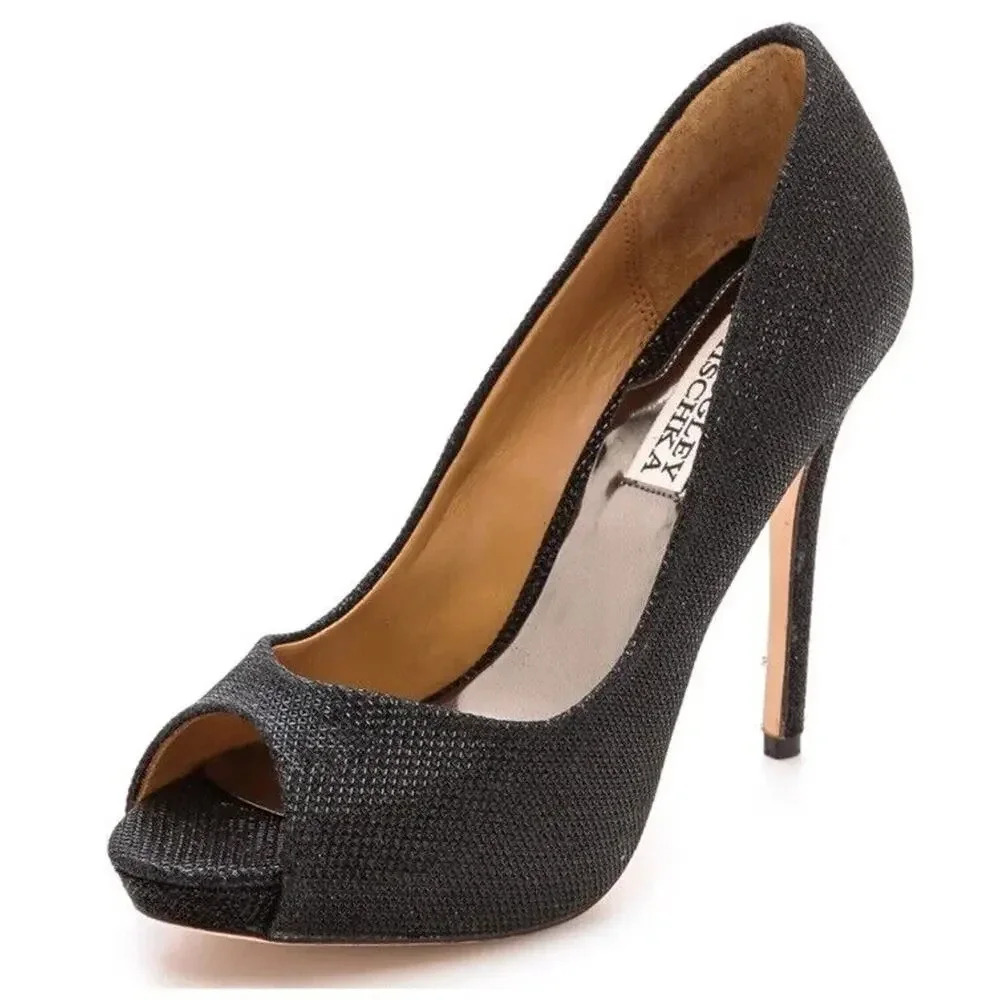 Badgley Mischka Kassidy ll Black Sequin 5 Inch‎ Heel Platform Pumps Size 8M